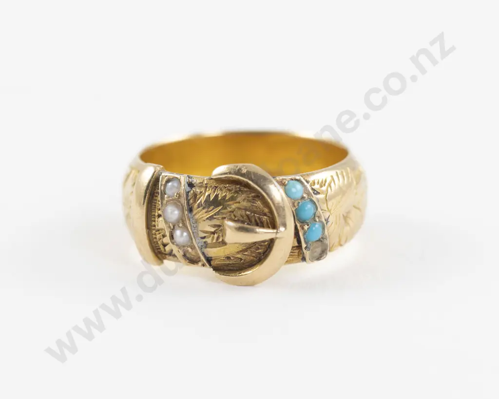 18ct Six Stone Turquoise and Seed Pearl Buckle Band Ring Image 1++