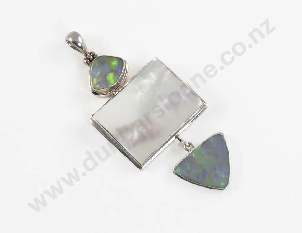 .925 Silver MOP and Crystal Opal Modern Design Pendant Image 1++