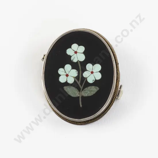 Victorian Silver Pietra Dura Brooch/Pendant
