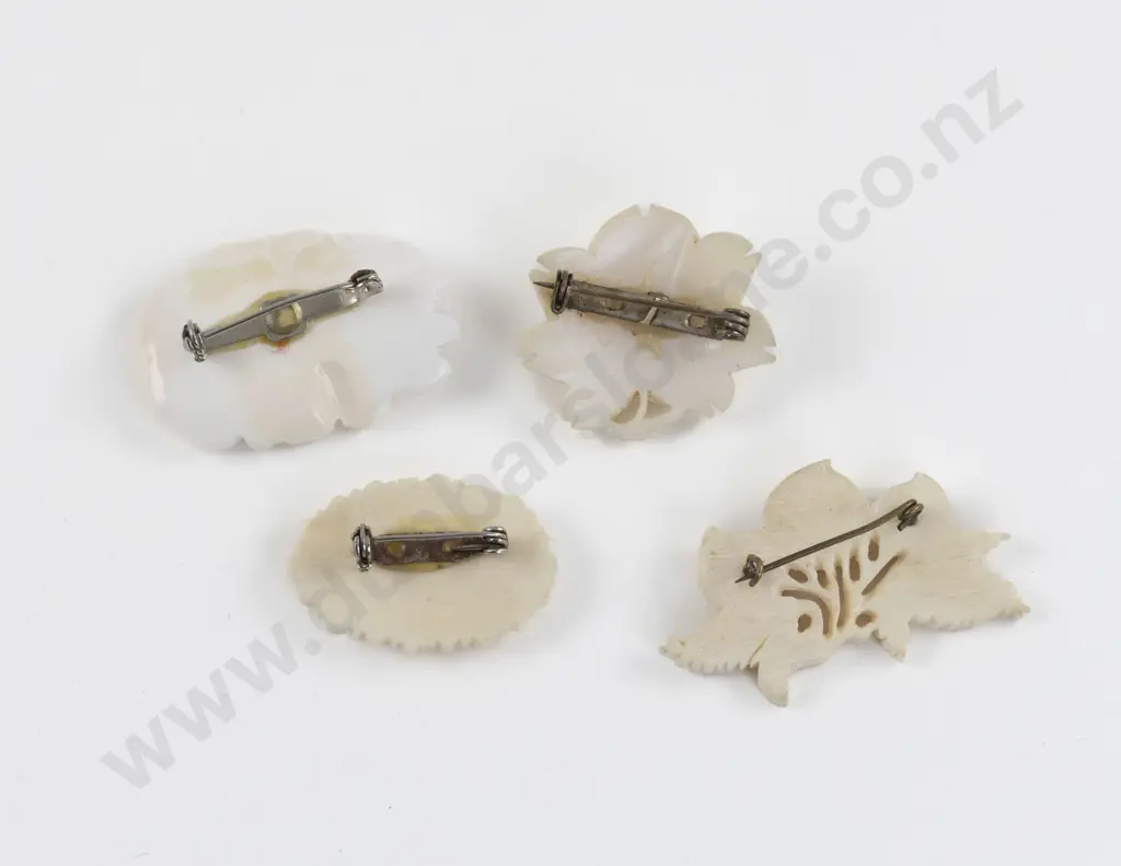 Four Vintage Carved Bone and MOP Floral Brooches Image 1++