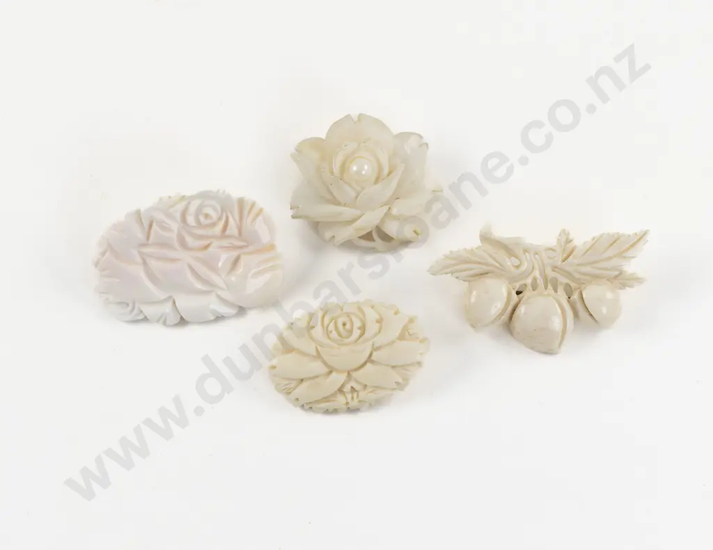Four Vintage Carved Bone and MOP Floral Brooches Image 1++
