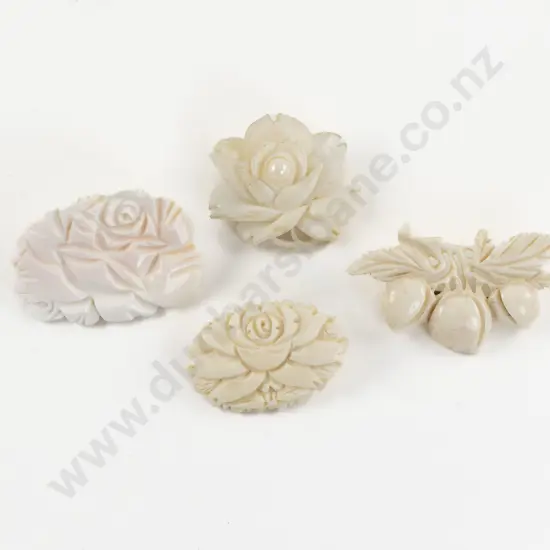 Four Vintage Carved Bone and MOP Floral Brooches