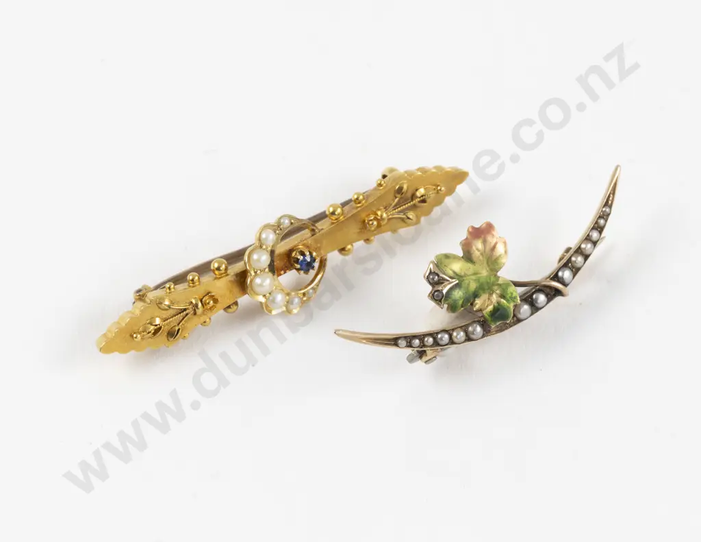 Victorian 9ct Seed Pearl and Enamel Crescent Brooch Image 1++