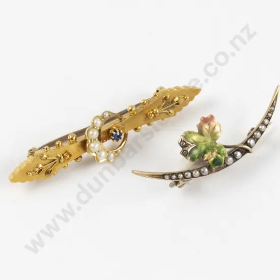 Victorian 9ct Seed Pearl and Enamel Crescent Brooch