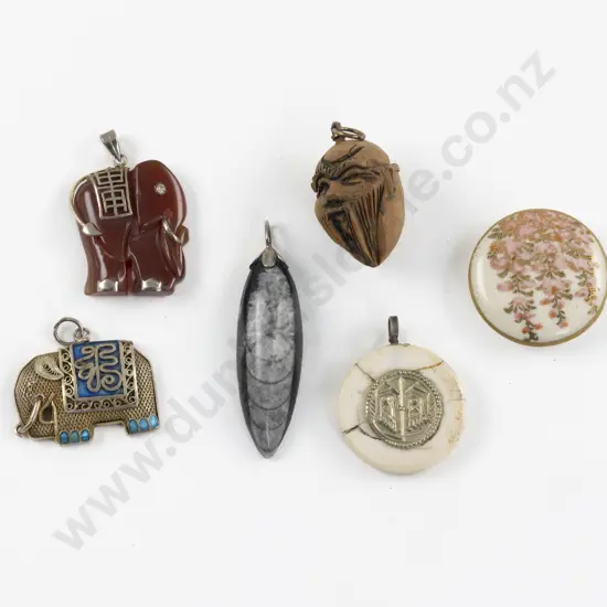 Four Various Silver and Gem Pendants with Carved Nut Pendant and Satsuma Button