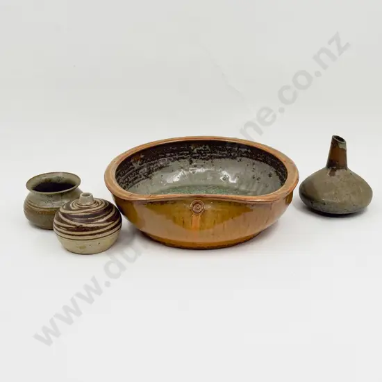 Peter Knuckey Shaped Bowl & Three NZ Pottery Bud Vases