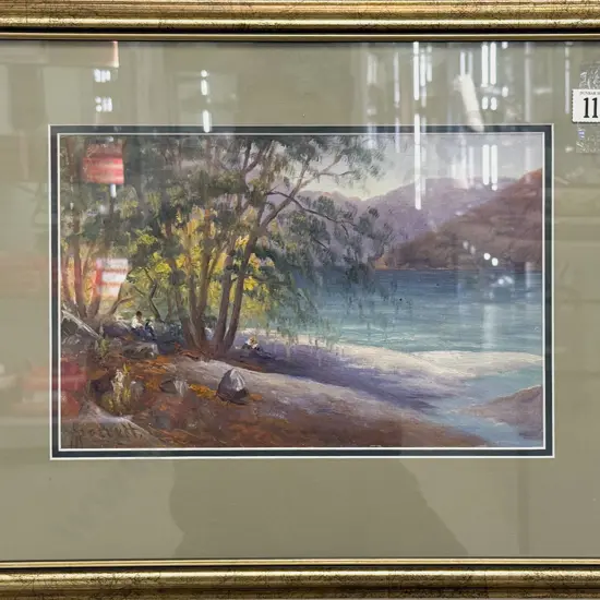 J D Perrett - Lakeside Scene With Figures