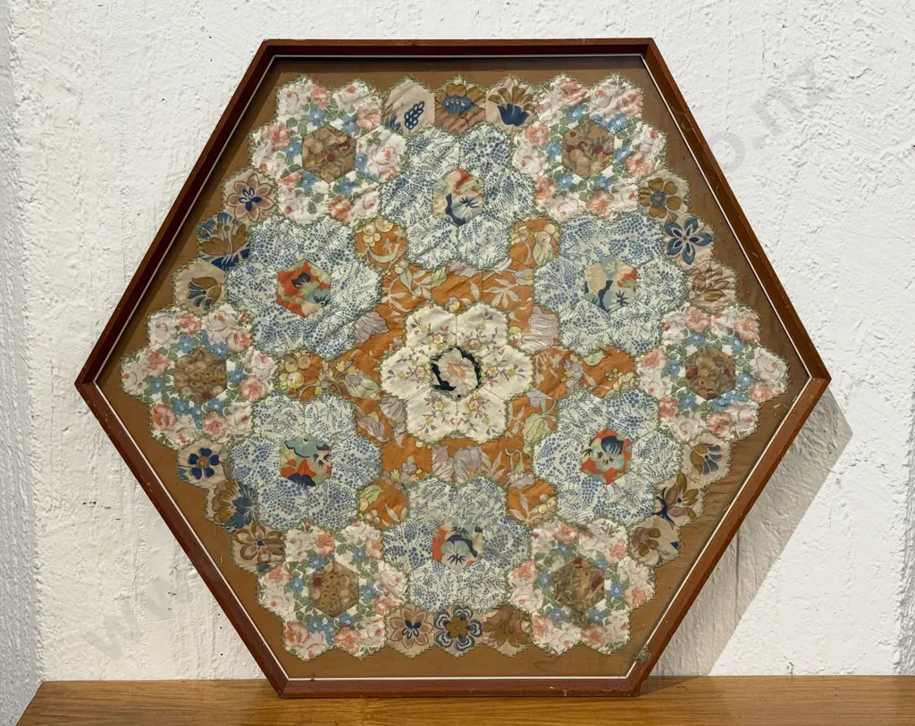 Framed Early C20th Hexagonal Patchwork Sample Image 1++