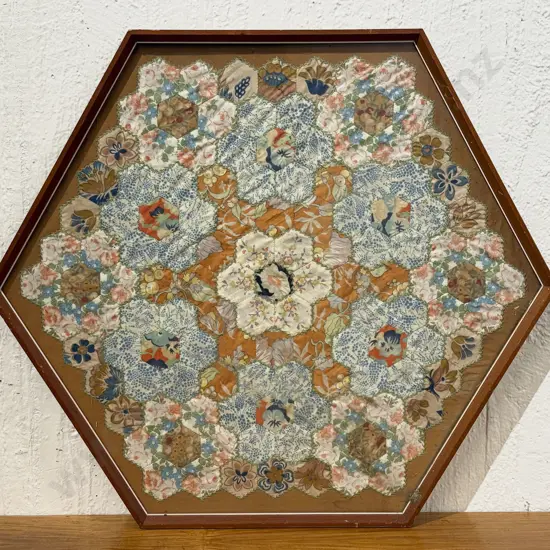 Framed Early C20th Hexagonal Patchwork Sample