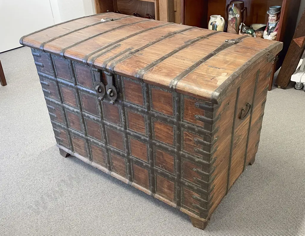 Large Indian Teak & Metal Bound Dowry Chest Image 1++