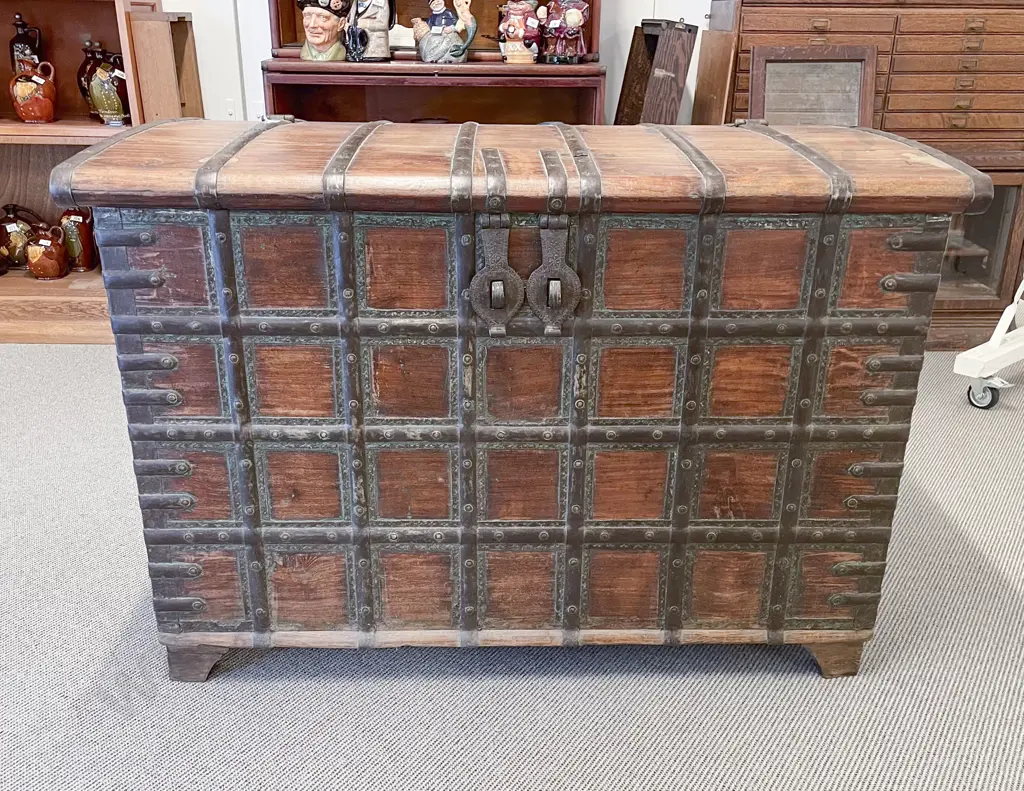 Large Indian Teak & Metal Bound Dowry Chest Image 1++