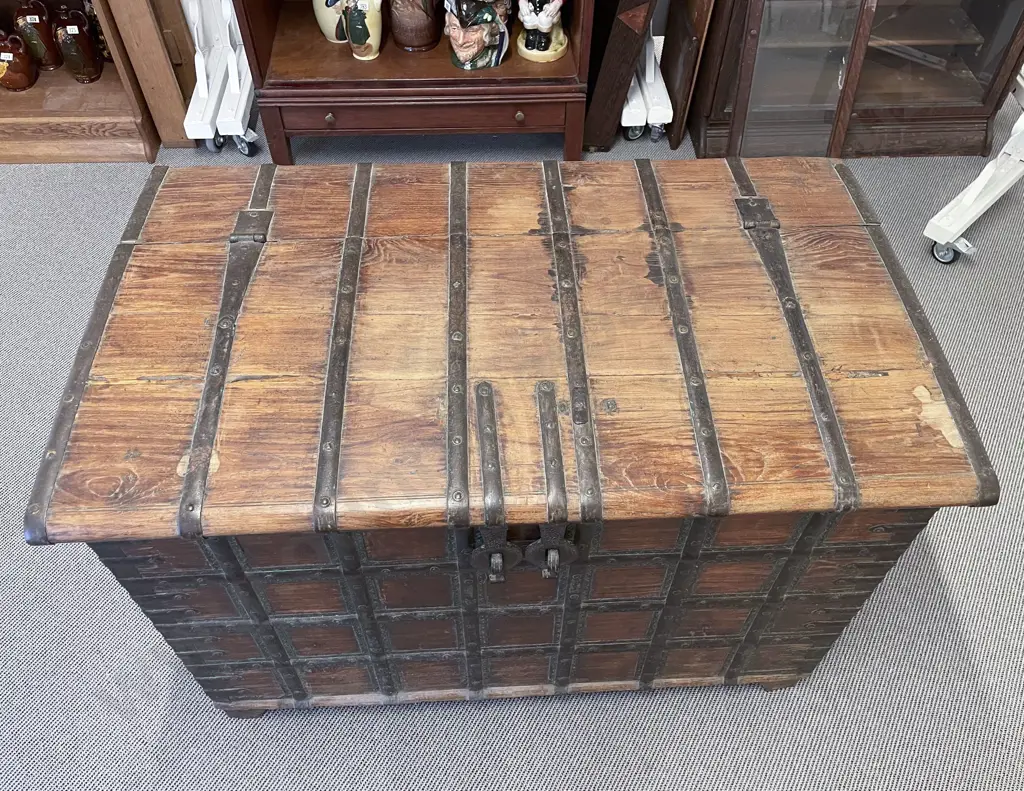 Large Indian Teak & Metal Bound Dowry Chest Image 1++