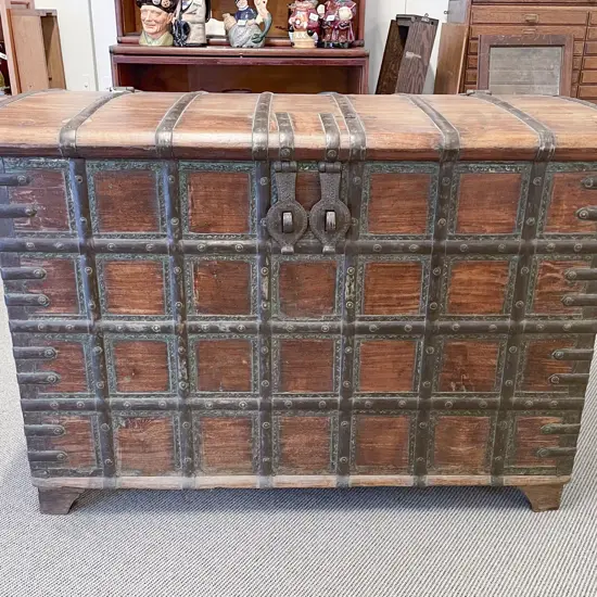 Large Indian Teak & Metal Bound Dowry Chest