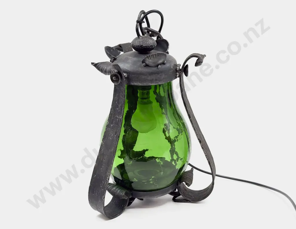 Arts & Crafts Style Wrought Metal & Green Glass Ceiling Light Image 1++
