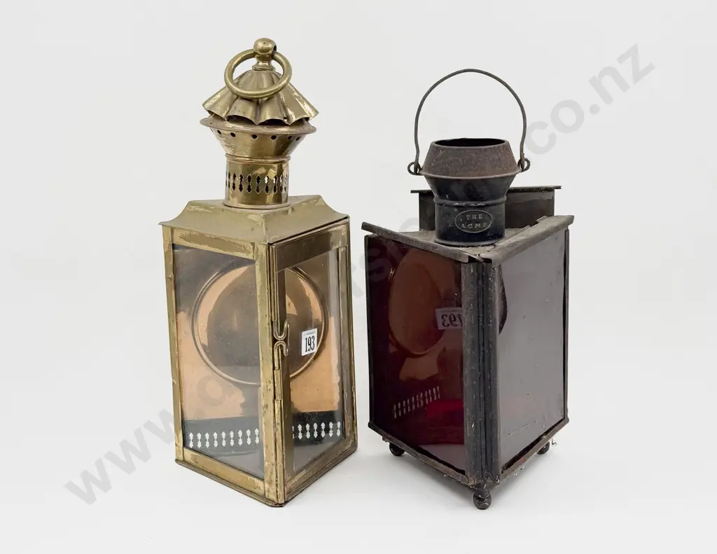 Vintage Triangular Brass Lantern & Japanned Lantern Image 1++