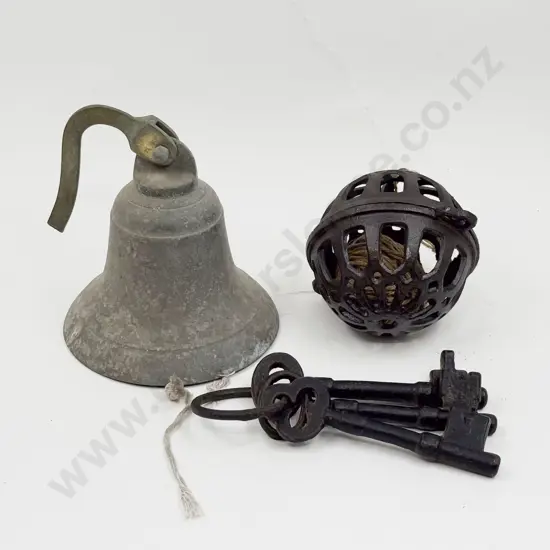 Small Brass Bell Three Steel Keys & String Dispenser