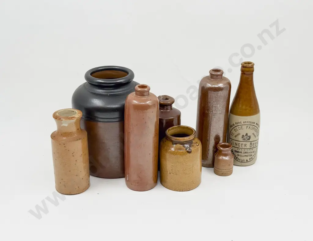 Eight Vintage Stoneware Bottles & Crocks Image 1++