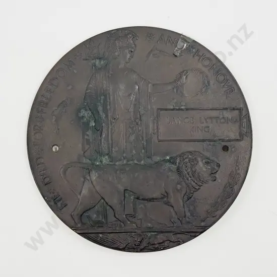 WWI Memorial Bronze Plaque to Lance Lytton King