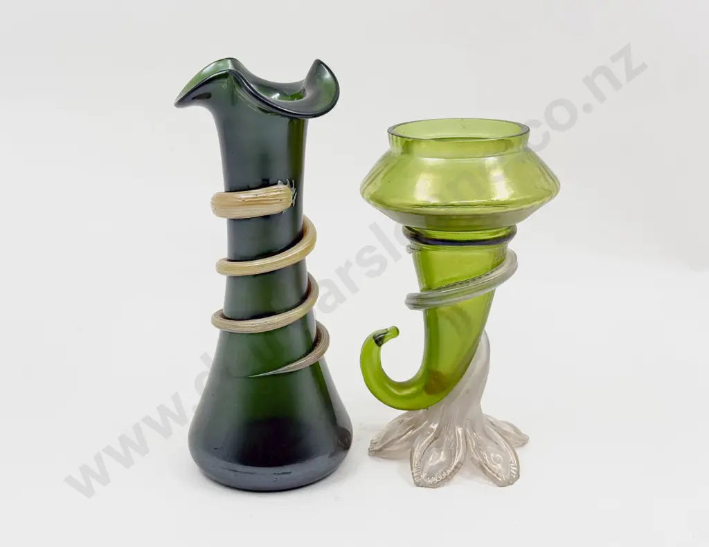 Art Nouveau Iridescent on Bottle Green Glass Vase Image 1++