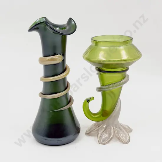 Art Nouveau Iridescent on Bottle Green Glass Vase