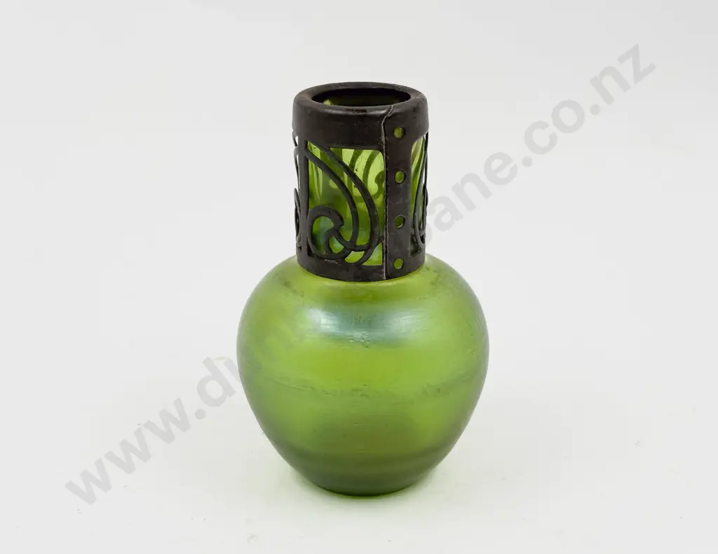 Art Nouveau Green Lustre Glass Pewter Mounted Bottle Posy Vase Image 1++