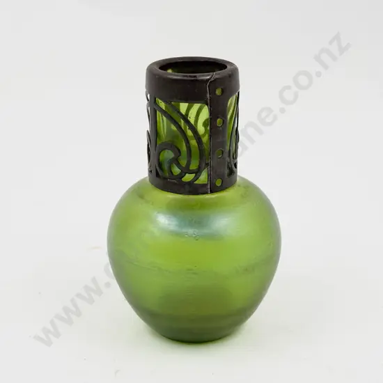 Art Nouveau Green Lustre Glass Pewter Mounted Bottle Posy Vase