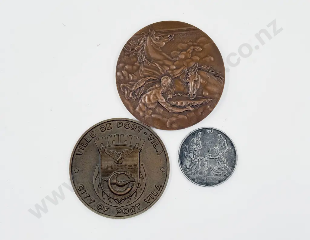 Two Bronze Medallions and White Metal Commemorative Sunday Schools 1880 Image 1++