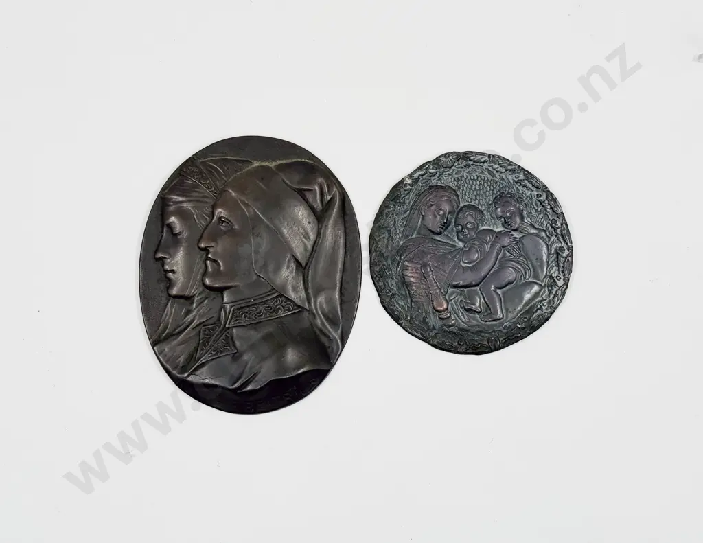 Two Bronzed Plaques of Dante and Beatrice and Other Madonna and Child Image 1++