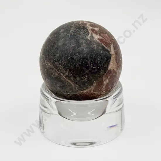 Victorian Marble Sphere on Modern Orrefors Heavy Clear Glass Dish