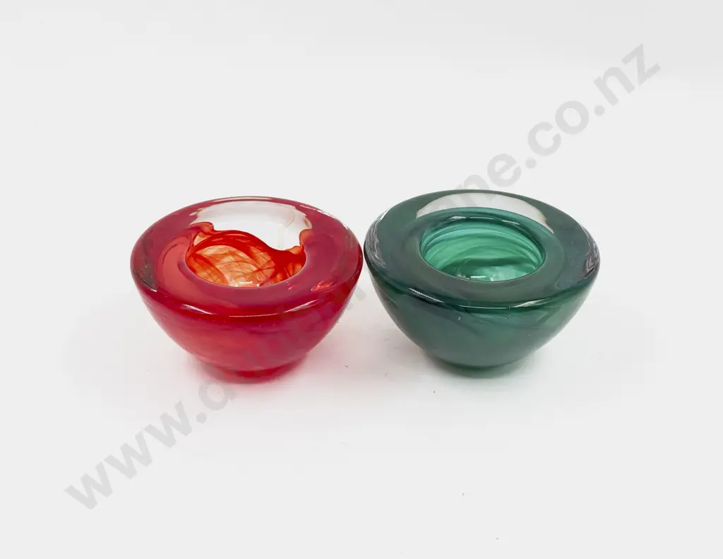 Two Unmarked Costa Boda Glass Encased Teal and Red Table Dishes Image 1++