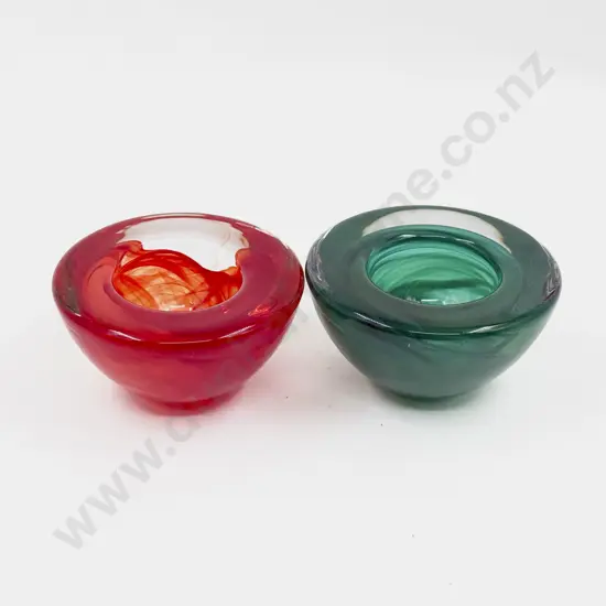 Two Unmarked Kosta Boda Glass Encased Teal and Red Table Dishes