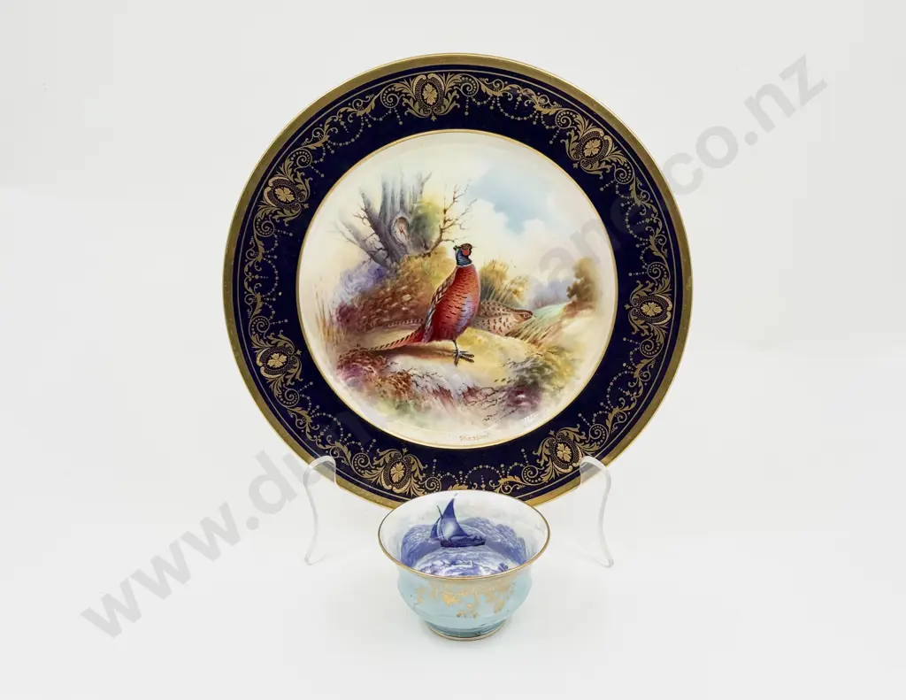 Aynsley Hand Painted Pheasant Cabinet Plate and Luster Small Bowl Image 1++