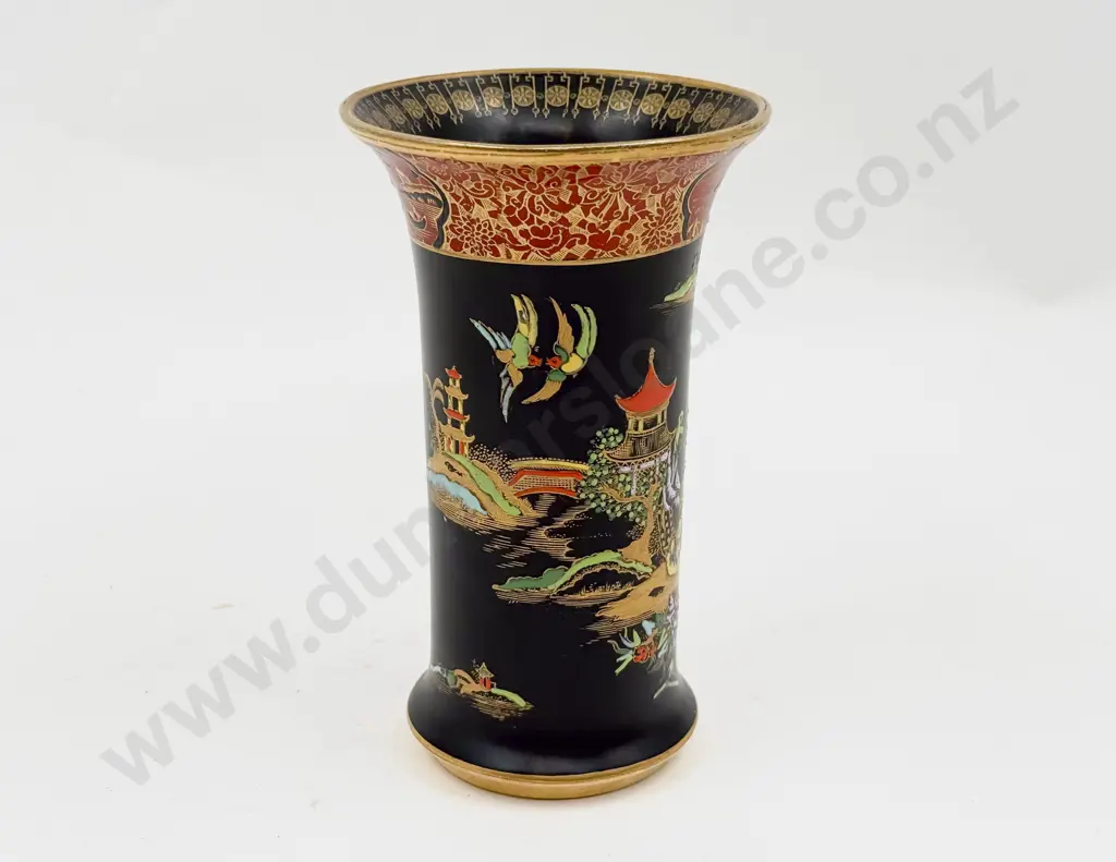 Carlton Ware Chinoiserie Pattern Black Ground Vase Image 1++