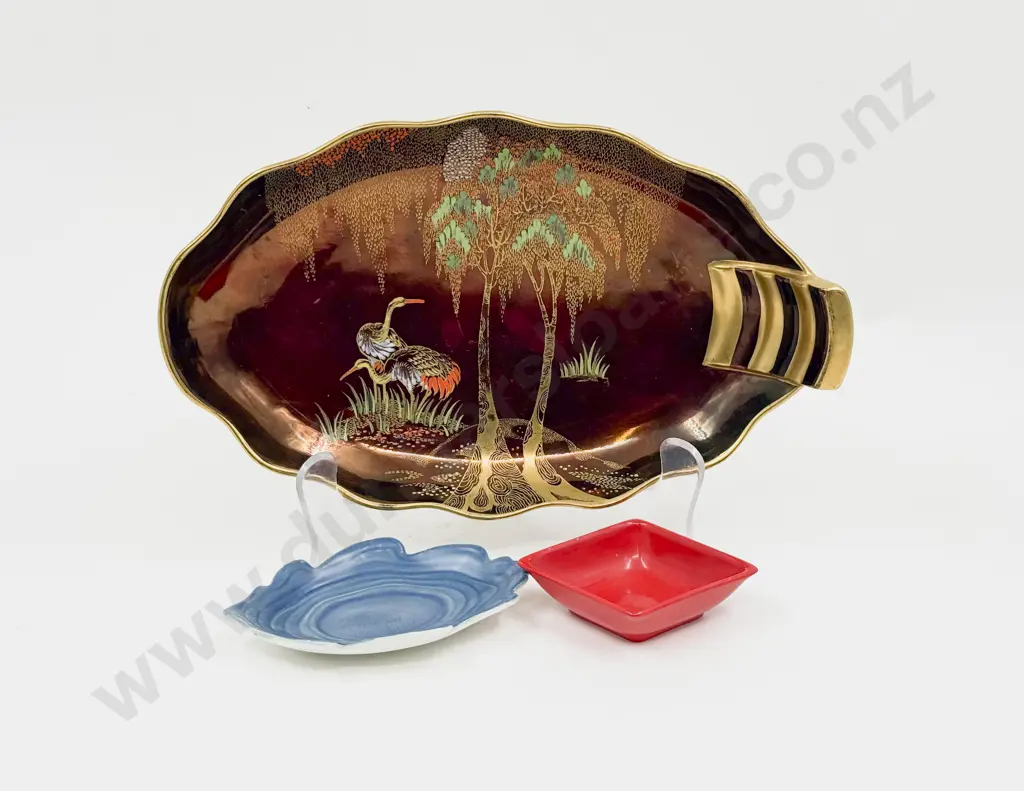 Carltonware Rouge Royal Dish Enamel Painted with Tree and Crane Image 1++