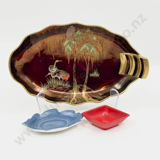 Carltonware Rouge Royal Dish Enamel Painted with Tree and Crane