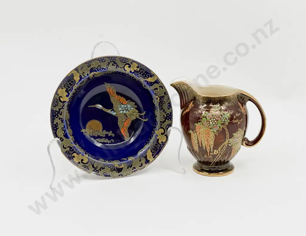 Crown Devon Rouge Royal Jug Decorated with Wisteria Together with Dessert bowl Painted with Crane on Deep Blue Ground Image 1++
