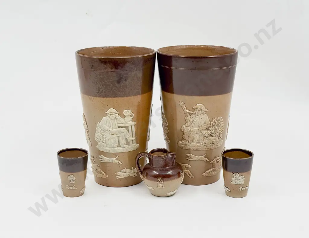 Two Doulton Lambeth Tumblers with Three Miniature Pieces Image 1++