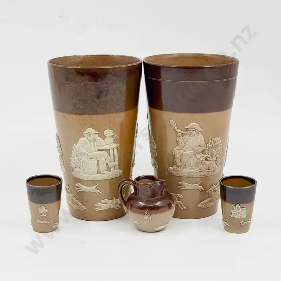 Two Doulton Lambeth Tumblers with Three Miniature Pieces