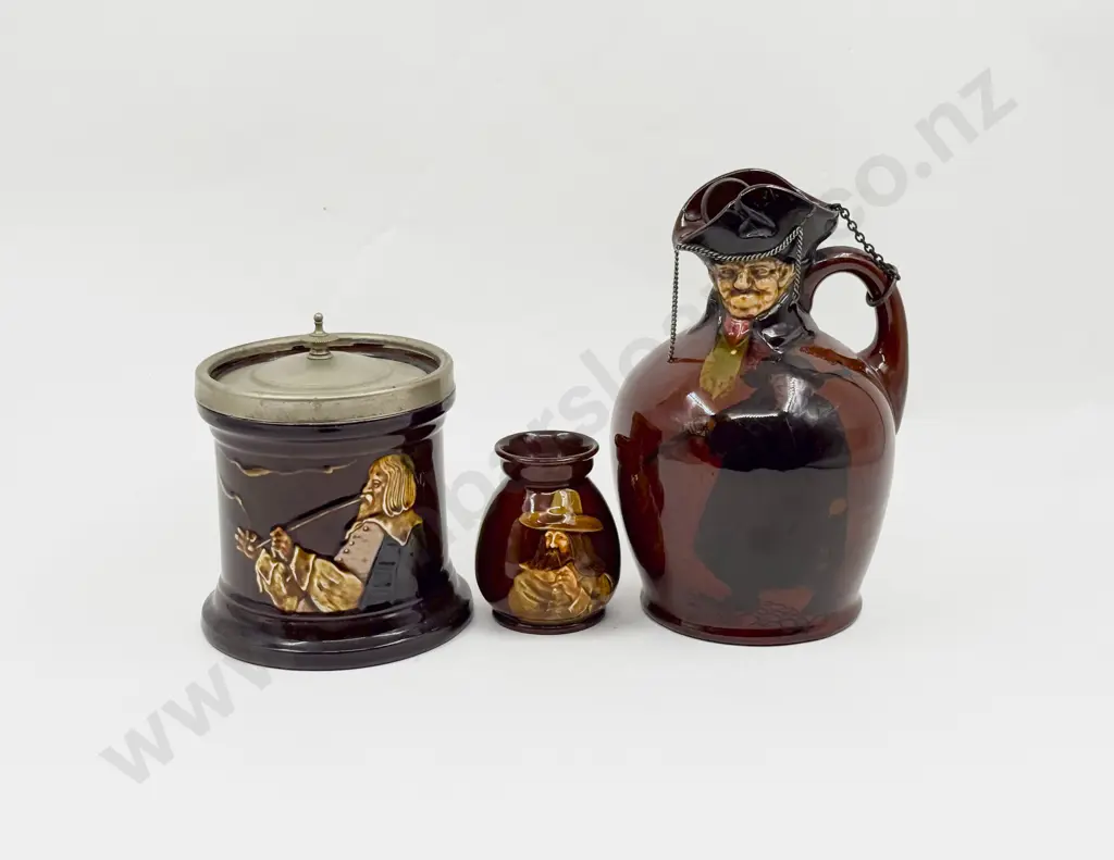 Royal Doulton Kingsware Night Watchman Decanter with Tobacco Barrel and Posy Pot Image 1++