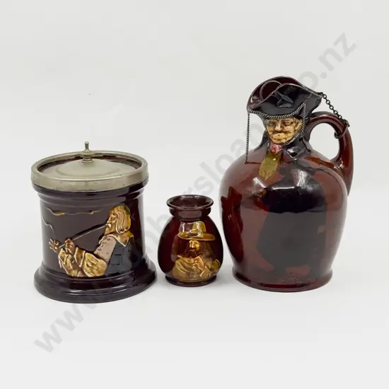 Royal Doulton Kingsware Night Watchman Decanter with Tobacco Barrel and Posy Pot