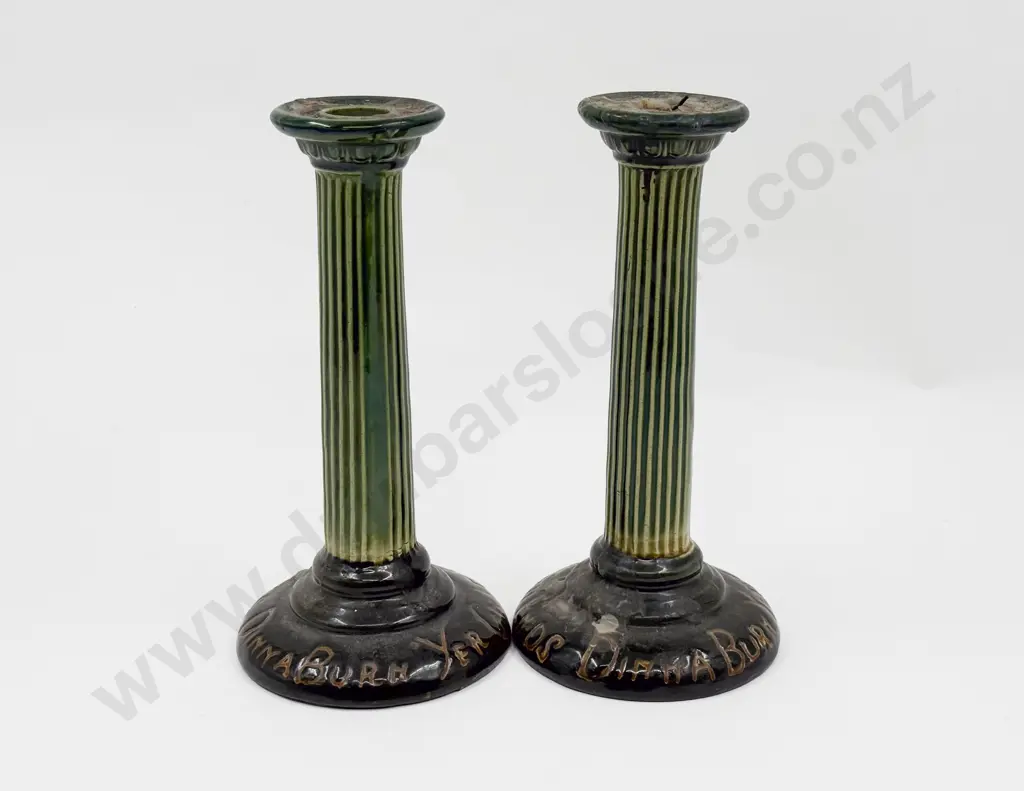 Pair Early Glazed Earthenware Candlesticks "Diniy Burn Yer Candle At Baith Ends" Image 1++