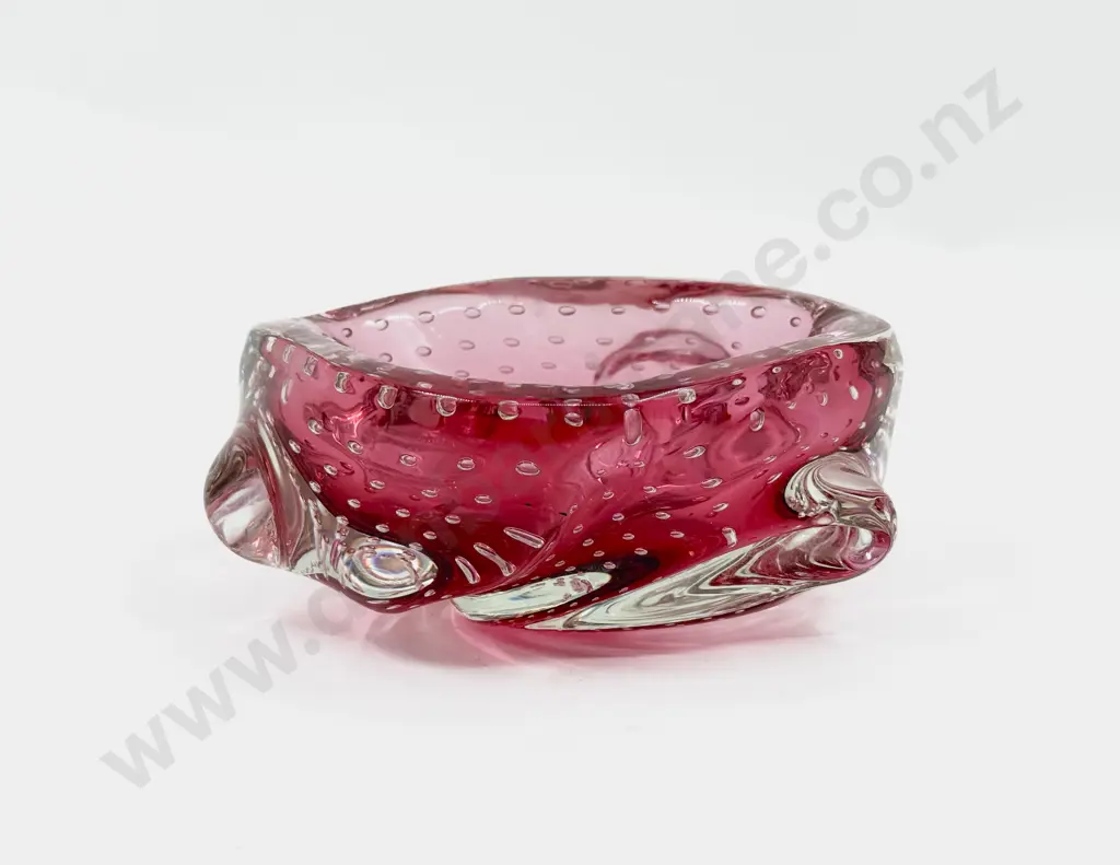 Mid C20th Murano Heavy Encased Cranberry Bubble Glass Table Bowl Image 1++