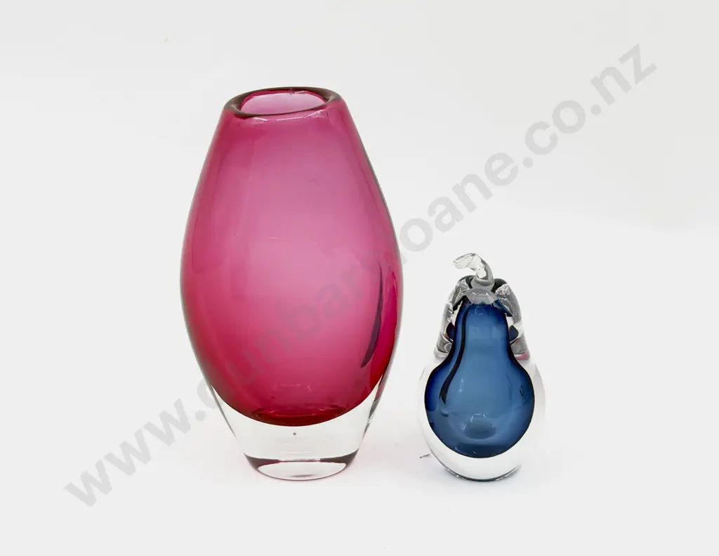 Unidentified Cranberry Encased Glass Vase & Kosta Vicke Lindstrand Pear Perfume Bottle Image 1++