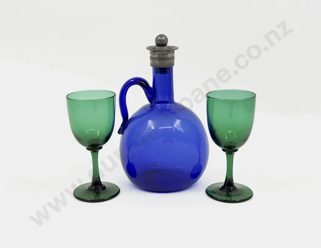 Pair C19th Bristol Green Wine Goblets and Bristol Blue Carafe Image 1++