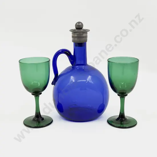 Pair C19th Bristol Green Wine Goblets and Bristol Blue Carafe
