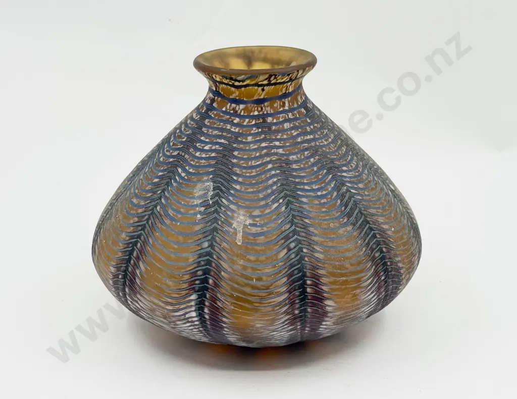Mid C20th Okra Isle Of Wight Blue Waved Onion Glass Vase Image 1++