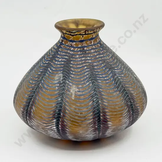 Mid C20th Okra Isle Of Wight Blue Waved Onion Glass Vase