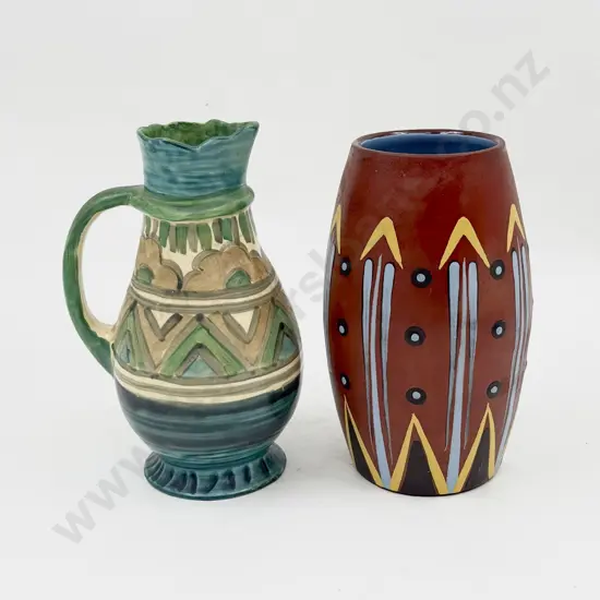 Art Deco Watcombe Pottery Decorated Terracotta Vase & Myott Ewer
