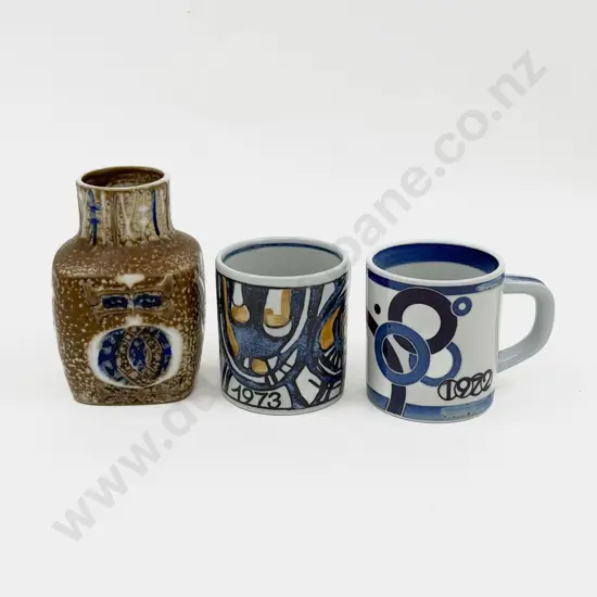 Royal Copenhagen 1969-1974 Fajance Square Sided Vase and Two Coffee Mugs
