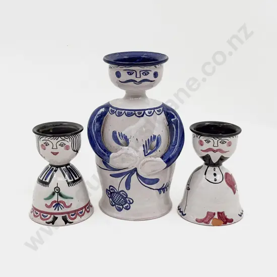 Two Kari Nyquist (1918-2011) Norsk Norway Tall Figural Egg Cups and Candle Holder